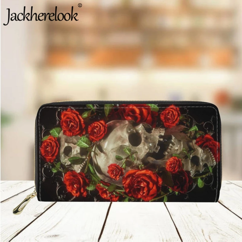 Jackherelook Trendy Women's Leather Luxury Wallet Gothic Skull Rose 3D Print Long Money Bag Teen Girls Clutch Card Holder Purse