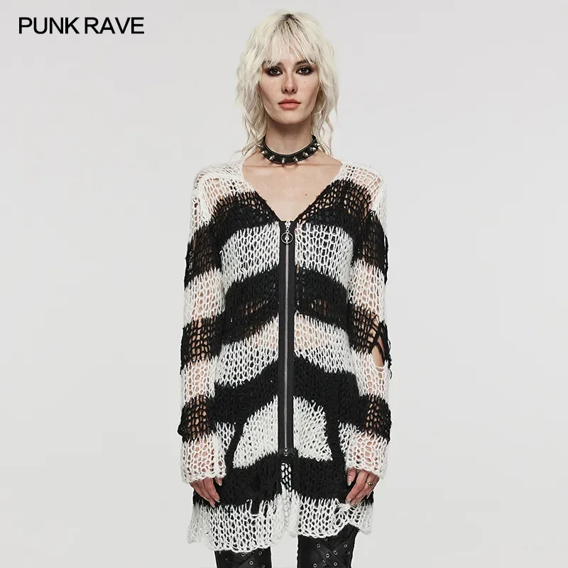 

PUNK RAVE Women's Punk Sweater Skull Pendant Casual Striped Cardigan Irregular Personality Holes Daily Exquisite Soft Sweater