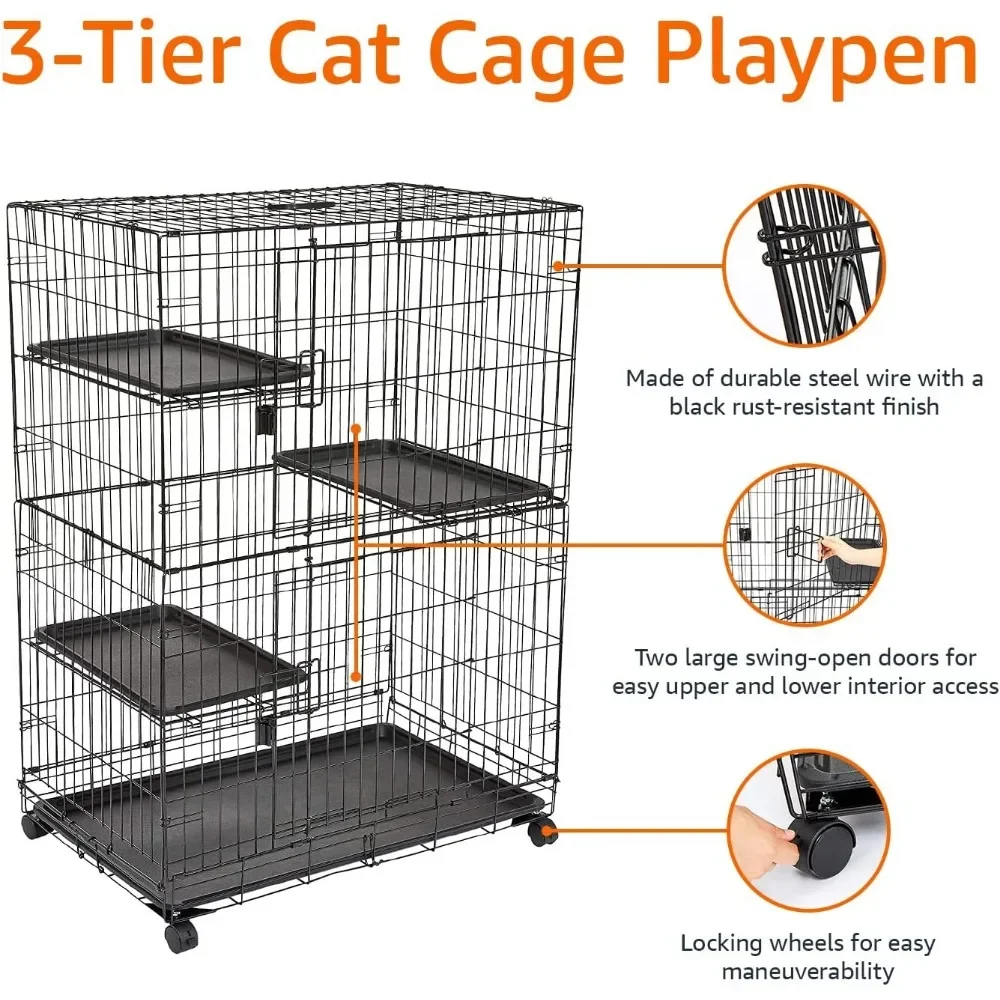 Large 3-Tier Cat Durable,Pliable Cage Playpen Box Crate Kennel-35.8"L x 22.4"W x 50.6"H, Black