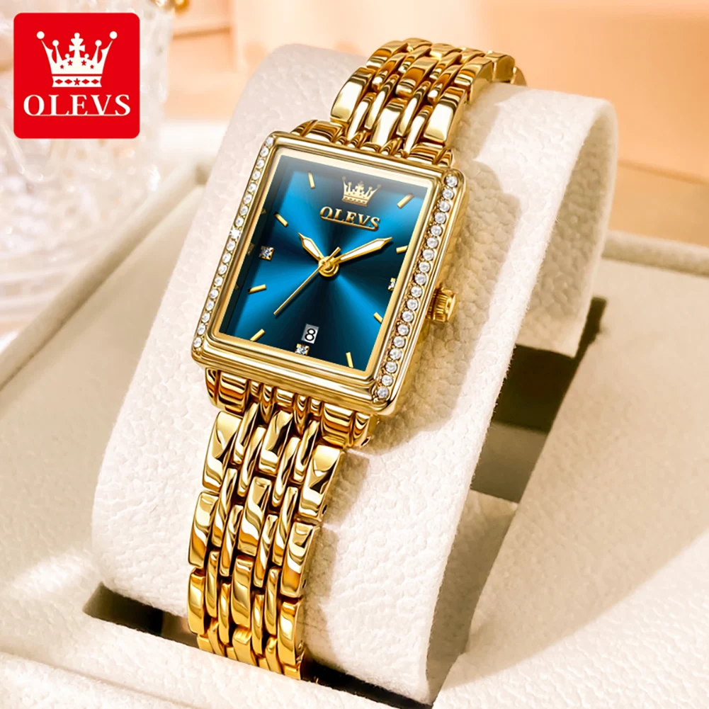 OELVS New Luxury Lady's Watches Elegant Gold Rectangular Dial Quartz Watch Diamond Bracelet Gift Box Set Original Female Watch