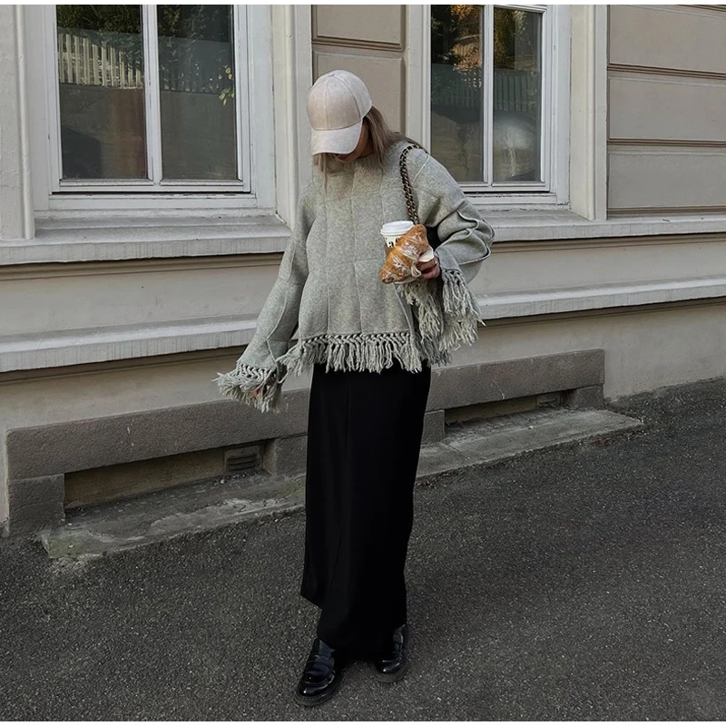 Vintage Solid Pleated Tassel Sweaters Women Casual Loose Knitted Pullover Sweater Female Autumn Chic Elegant High Street Tops