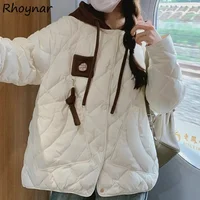 Parkas Women Preppy Style Hooded Panelled Patchwork Single Breasted Pockets All-match Casual Streetwear College Korean Fashion 1