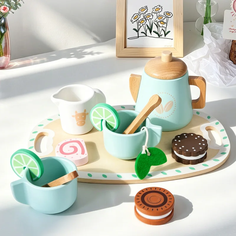 Kids Wooden Educational Toys Pretend Play Tea Dessert Set Role Play Game for Kindergarten Toddlers - 4