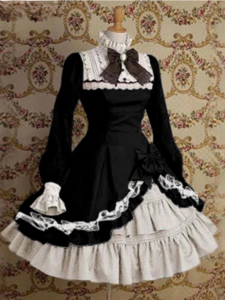 

Japanese Style Women Gothic Cosplay Dresses High Waist Contrast-Color Ruffled Sweet Lolita Dress Kawaii Clothing