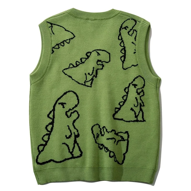 Dinosaur Monster Knitted Sweater Vest Men Women Harajuku Cartoon Anime Vintage V-neck Street Hip Hop Sleeveless Pullover Men