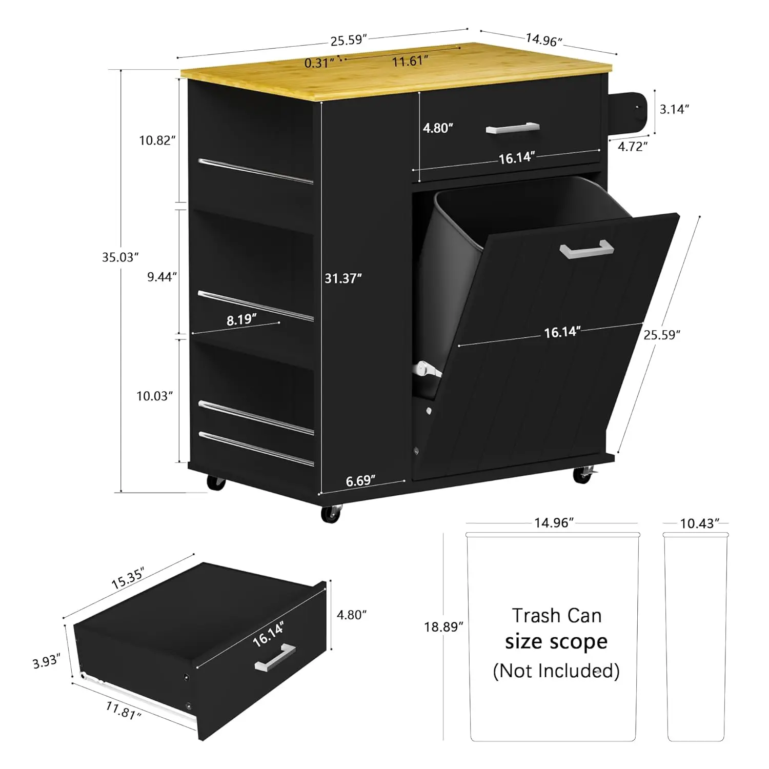 Tilt Out Trash Cabinet with Spice Rack Multi-function Kitchen Island on Wheels Free Standing Laundry Storage Trolley Cart