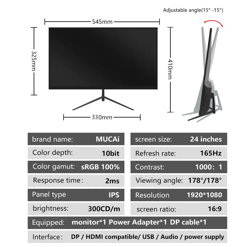MUCAI-24 ġ  144Hz IPS ÷ FHD 165Hz ũž PC  г, ӿ ǻ ȭ HDMI ȣȯ, DP