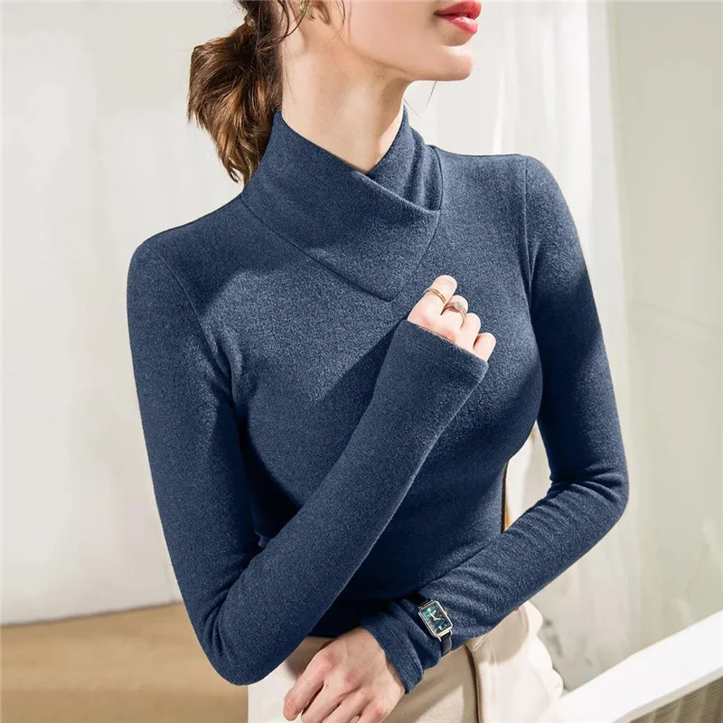 Korean Fashion Elegant Thick Warm Half High Collar Basic T Shirt Women Autumn Winter Solid Slim Long Sleeve Ladies Tops Clothes