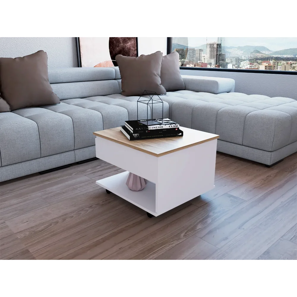 

Modern and stylish 15" H white and light oak coffee table with 4 brake wheels, convenient lifting top for storage, featuring a l
