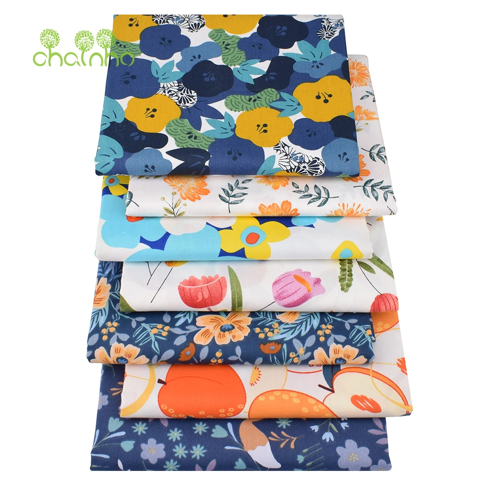 Chainho,Printed Twill Weave Cotton Fabric,DIY Sewing Quilting Material,Patchwork Cloth,7 Designs Flower Series,2 Sizes,15C368