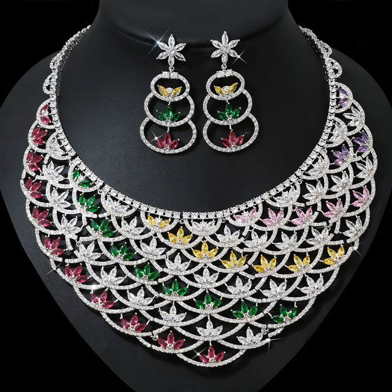 

Luxury Charming Multicolor Cubic Zirconia Big Jewelry Set Fashion Earrings Necklace Set For Female Brilliant Wedding Party Dress