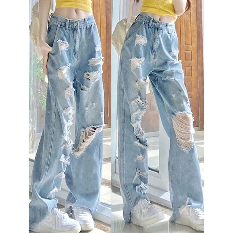 

American Hole Jeans For Women Summer New High Street Style Ripped Holes Baggy Jeans Loose High Waist Straight Leg Women's Pants