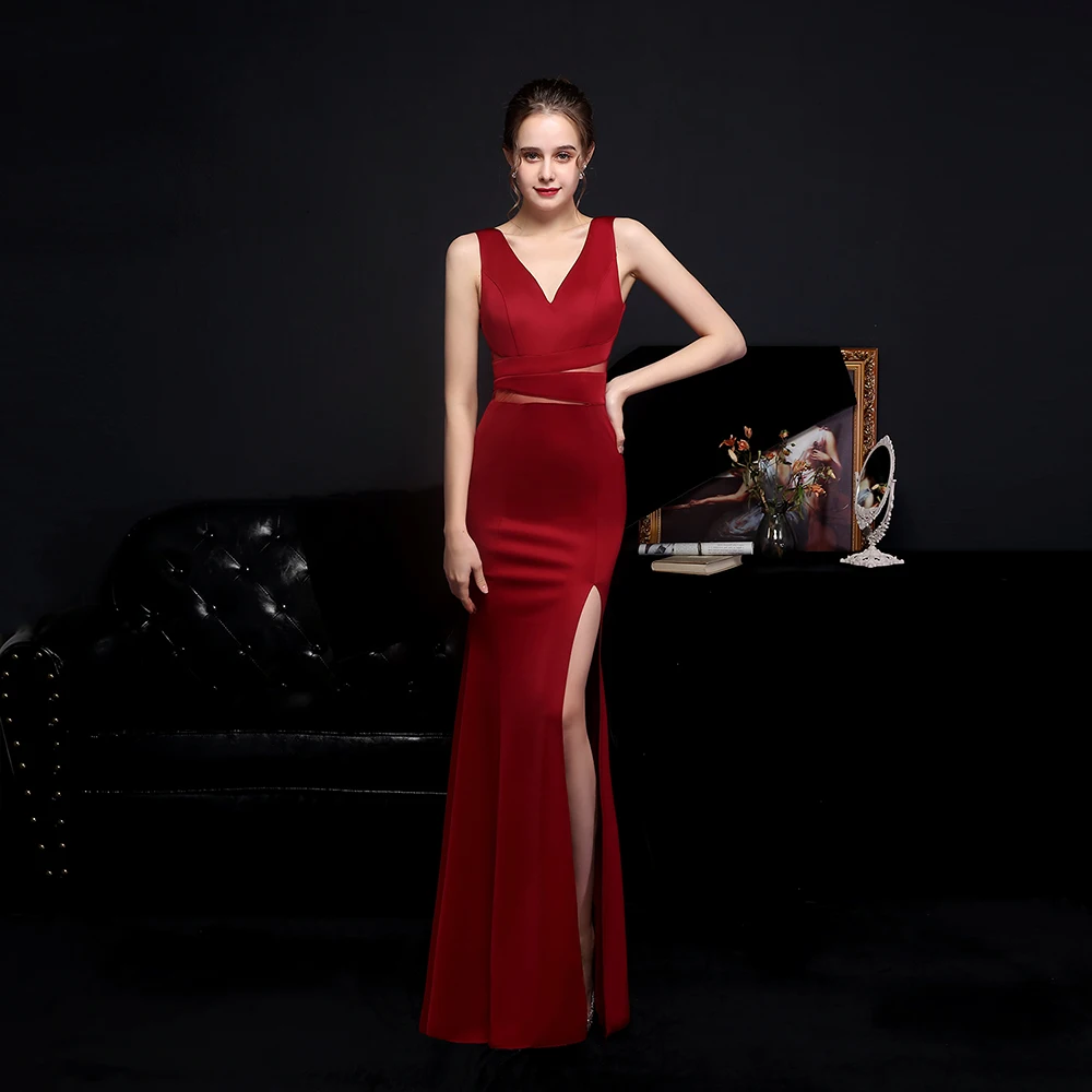 Women's V Neck Sleeveless High Split Dress for Summer Elegant Hollow Out Mesh Evening Gowns