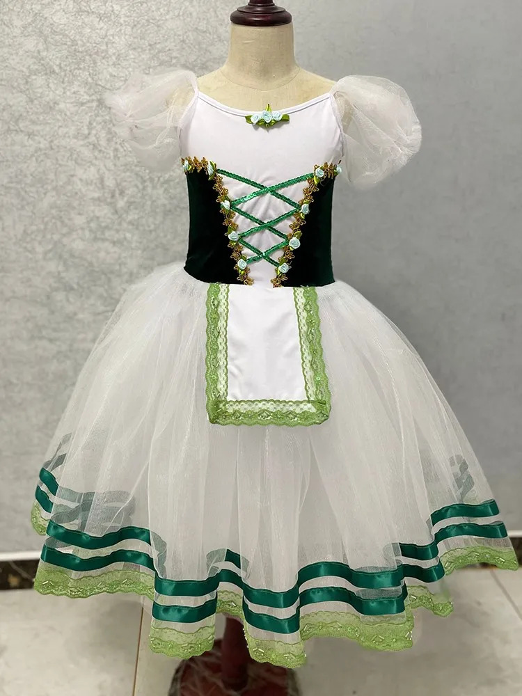 short puff sleeve giselle ballet costumes child kids adult long ballerina dress women ballet tutu girls performance dancing wear Giselle Ballet Costumes Green Romantic Tutu Long Tulle Dress Girls Child Adult Skate Ballerina Stage Performance Chorus Dress