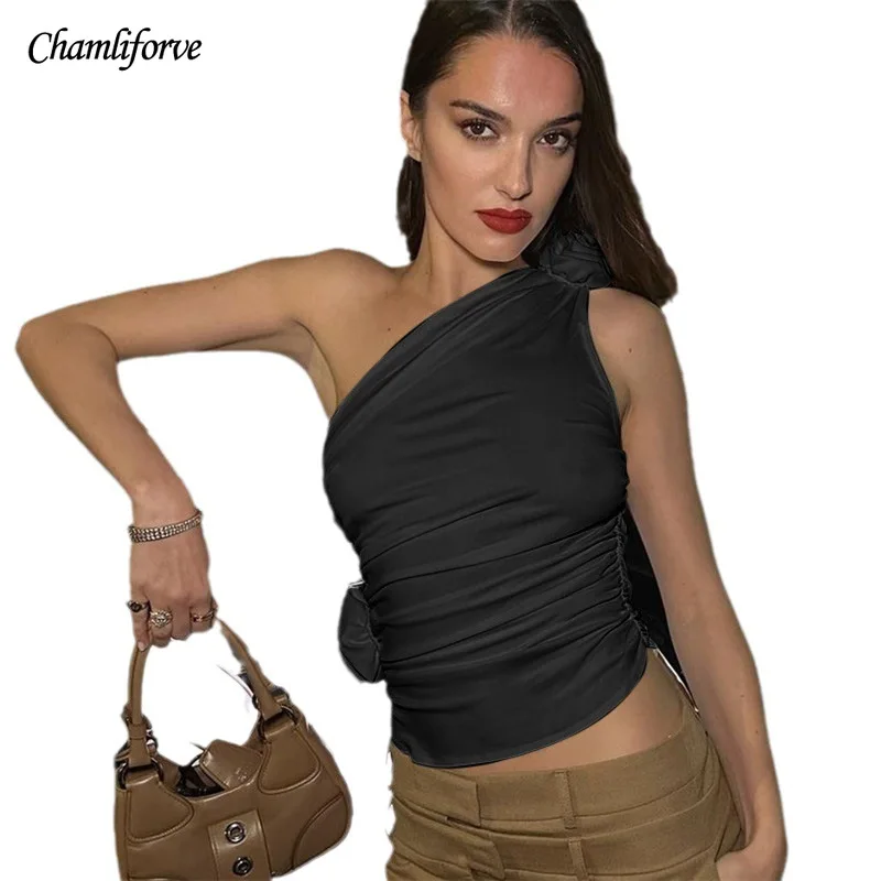 

Chamliforve Sexy Crop Tops for Women Summer Sleeveless Ruched Elegant Floral Applique Club Party Irregular Y2K Tank Tops