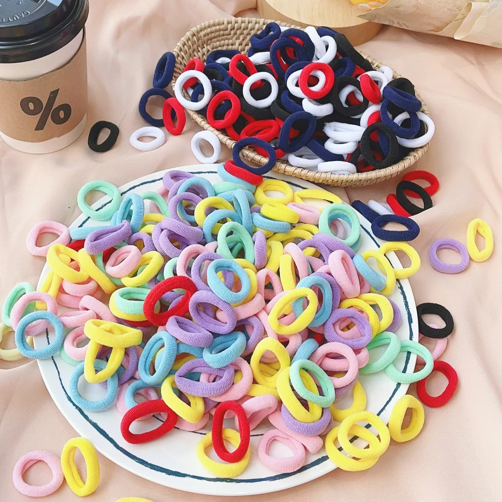 100Pcs Kids Candy Color Hair Scrunchies Elastic Rubber Bands Hair Ties Clamps Headband Accessories for Girls Babies