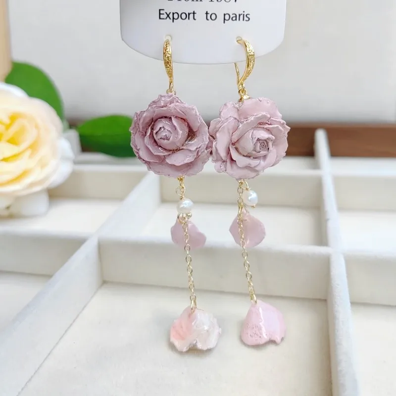 Elegant Immortal Rose Long Earrings Epoxy Resin Real Rose Flower 1