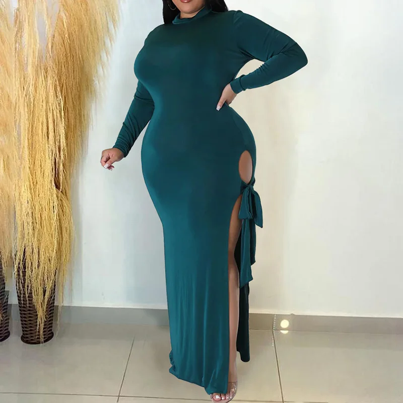 Autumn Solid Color O-Neck Hollow Out Lacing Long Sleeve Bag Hip Evening Party Sexy Split Fork Bare Leg Slim Plus Size Long Dress