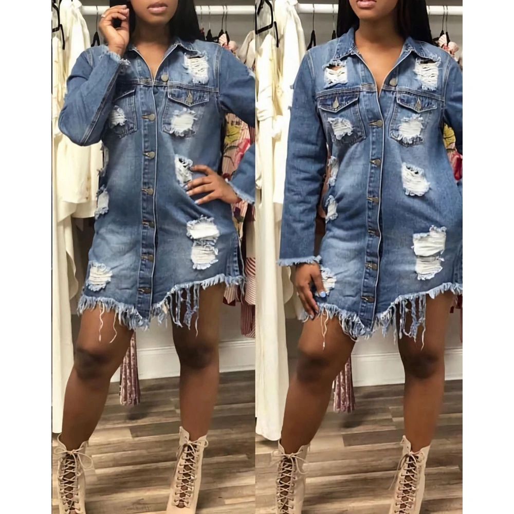 Elegant Autumn Women Hollow Out Tassel Hem Asymmetric Denim Coat Femme Long Sleeve Pocket Design Jackets Casual Outfits Clothing