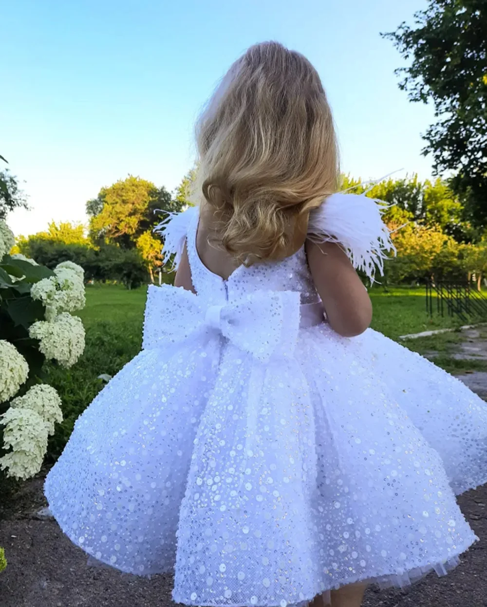 

3-9 Years White Tulle Girl Dress Sequined Bows Children's First Communion Ball Gown Wedding Party Bridesmaid Dress Kids Princess