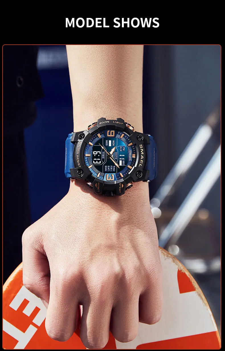 Smael Uhr Sport LED Licht Wecker Dual Time Display wasserdichte Woche Auto Datum Armbanduhren Quarz – Detail 21