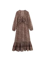 Women Summer MIDI Dress 2025 Vintage Print Chiffon V-Neck Cascading Ruffle Bow Female Elegant Street Dresses Clothing