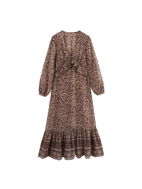 Women Summer MIDI Dress 2025 Vintage Print Chiffon V-Neck Cascading Ruffle Bow Female Elegant Street Dresses Clothing