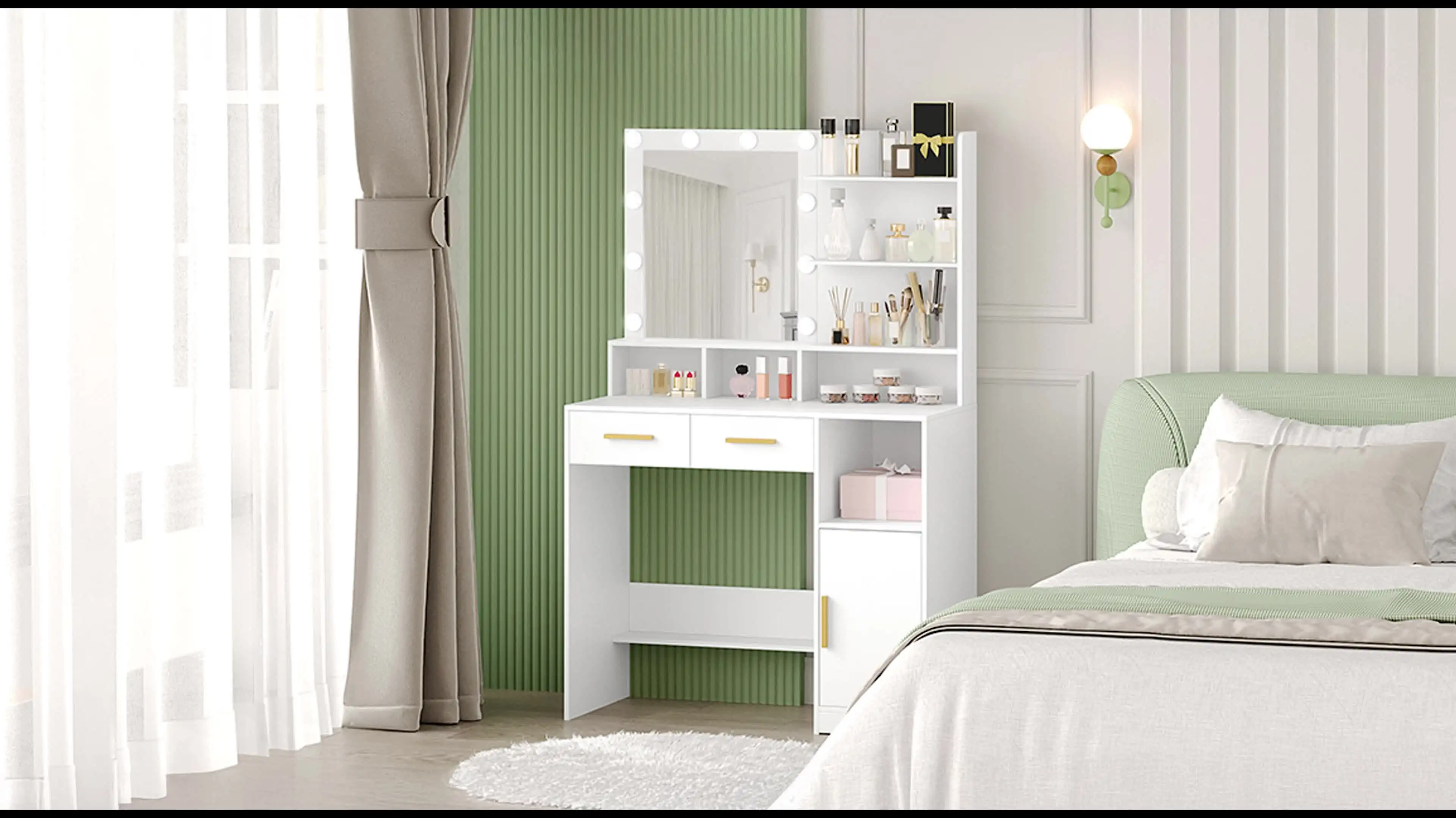 Hzuaneri Dressing Table with Mirror And 10 LED Lamps, Makeup Table with 3 Shelves and 4 Open Compartments, Dressing Table with 2 Drawers and Cabinet, 3 Adjustable Luminosities, WhiteDT32503X