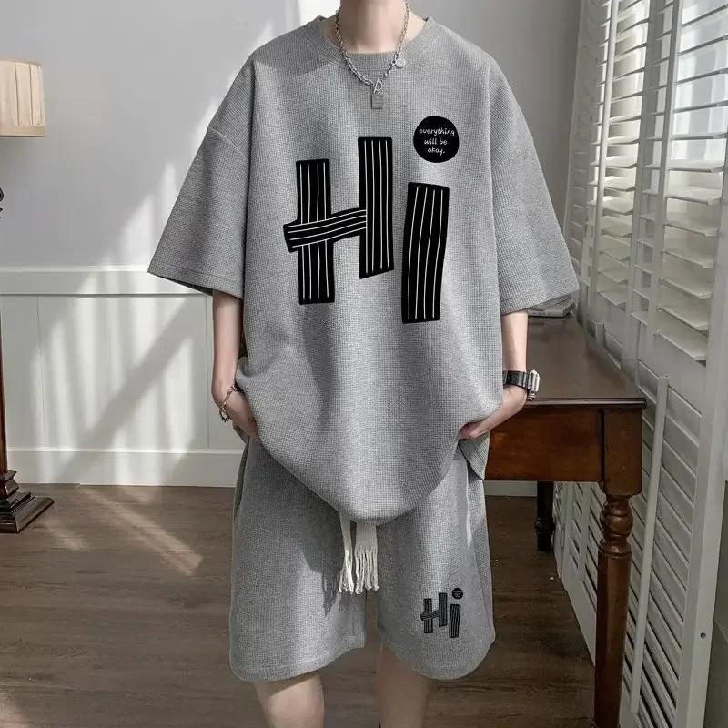 Casual Men's Summer T-Shirt Shorts Two-Piece Set Loose Fit Hong Kong Style Printed Plus Size Sportswear 2