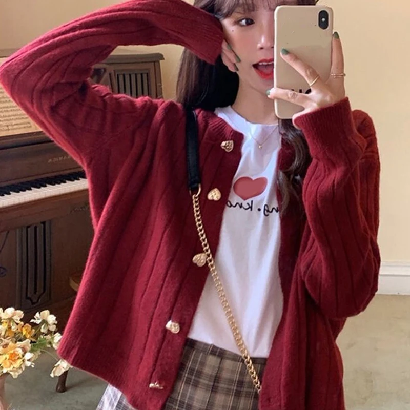 Women's Fashion Sweet Love Button Crew Neck Sweater Women's Long Sleeve Solid Color Casual Knitted Cardigan Jacket