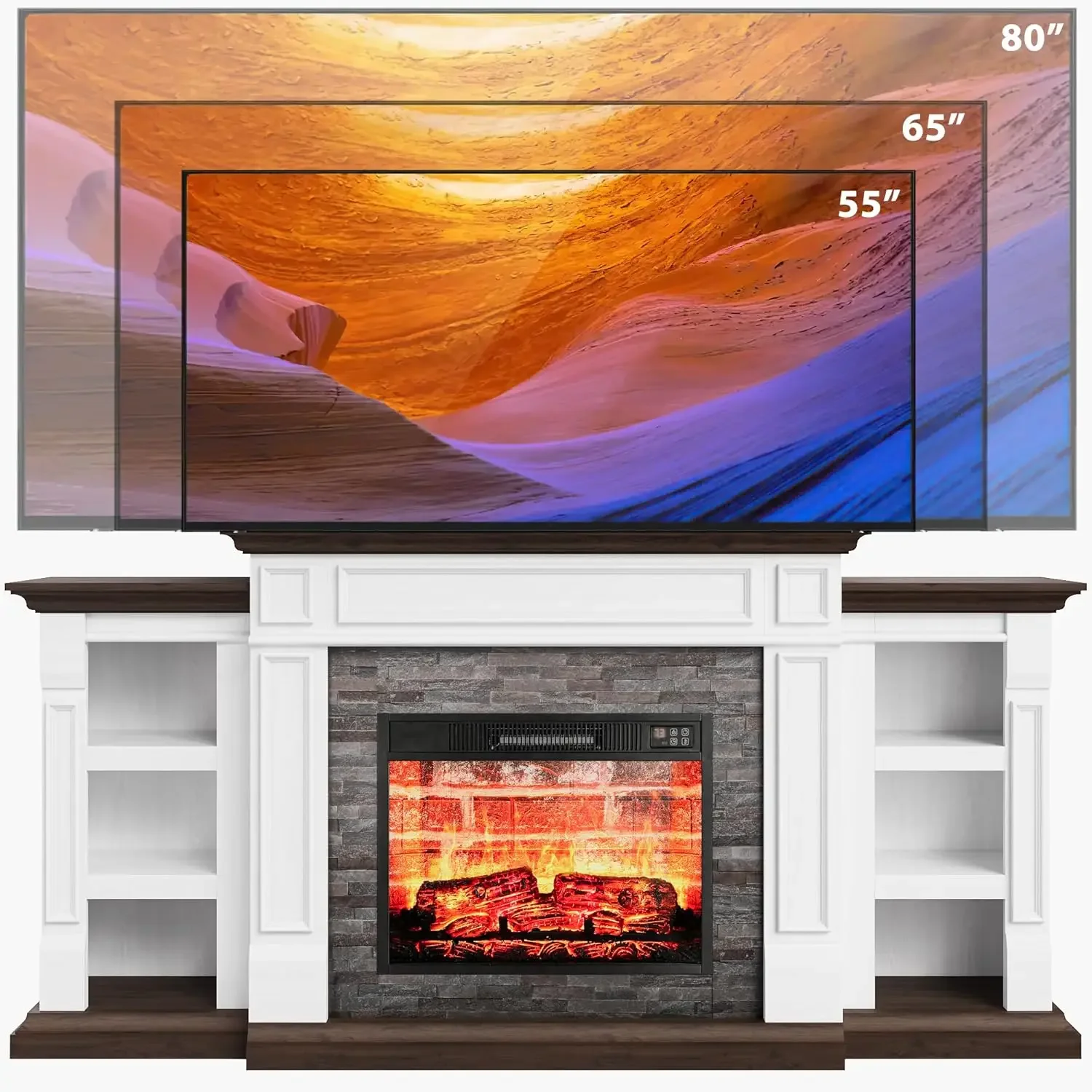 70" Electric Fireplace with Mantel, Fireplace TV Stand , Farmhouse Entertainment Center , Realistic Stacked Stone Surround 5