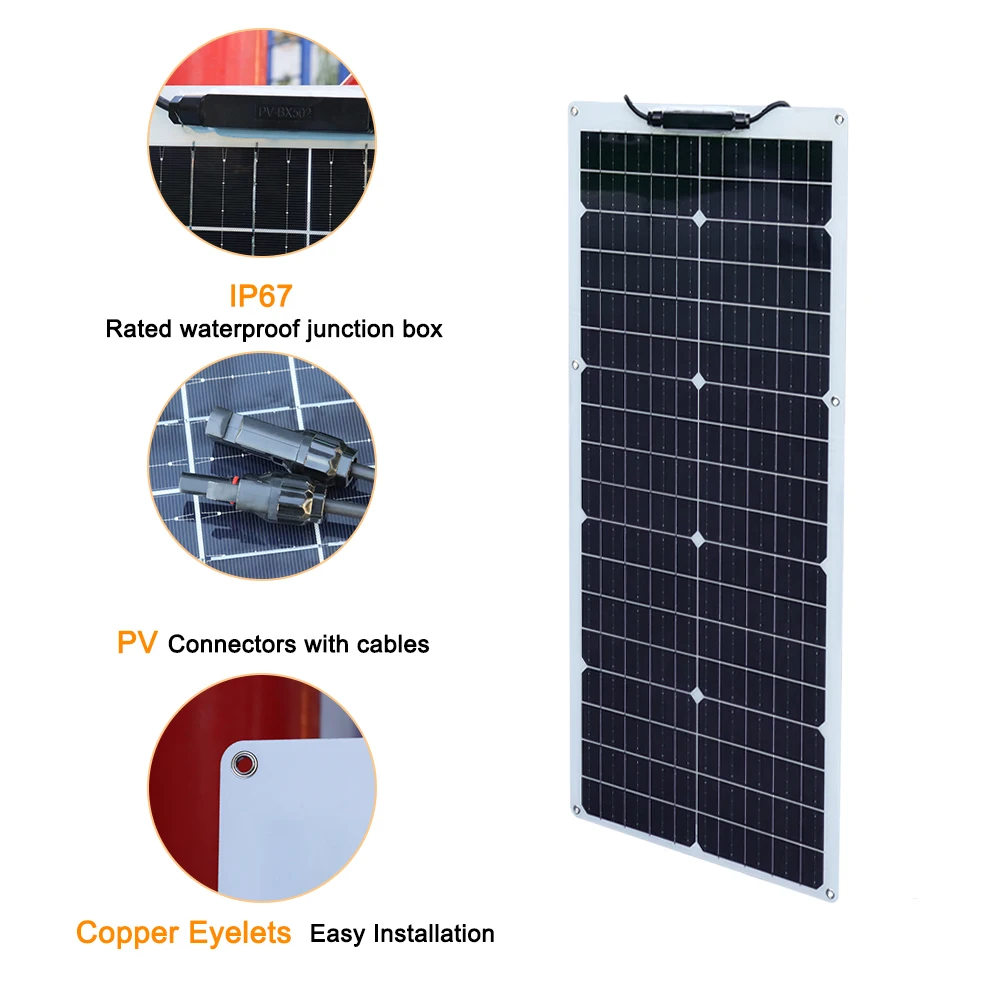 Kit Pannello Solare 50W 12V/24V Monocristallino Flessibile Con Regolatore Di Carica Per Camper Barca Campeggio
