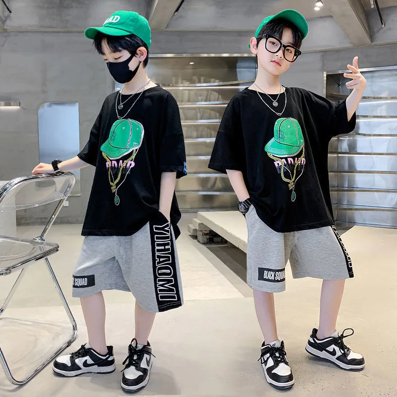 

Boy Summer Suit Fashion Hat Print Tops T-shirt + Shorts 2pcs Outfits Kids Clothes 5 To 14 Years Wear Children Cartoon Sets