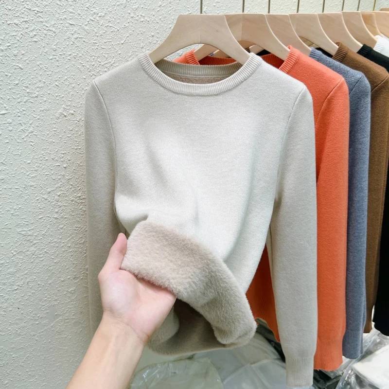 Autumn and Winter Women's O Neck Slim-fitting Long-sleeved Sweater Solid Color Elegant Fashion Knitwear Integrated Fleece Top