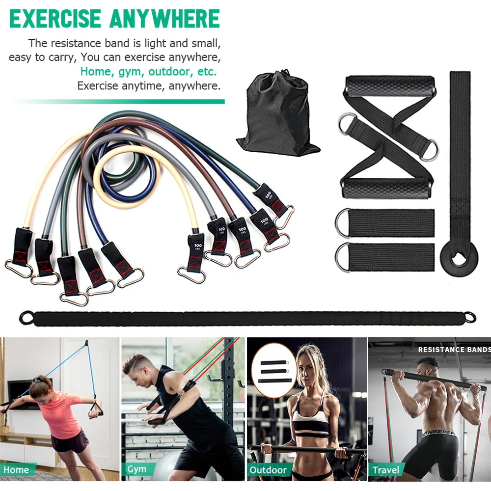 500LBS Resistance Bands Set with Fitness Bar Home Workouts Heavy Exercise Bands Yoga Sports Training Physical Gym Equipment