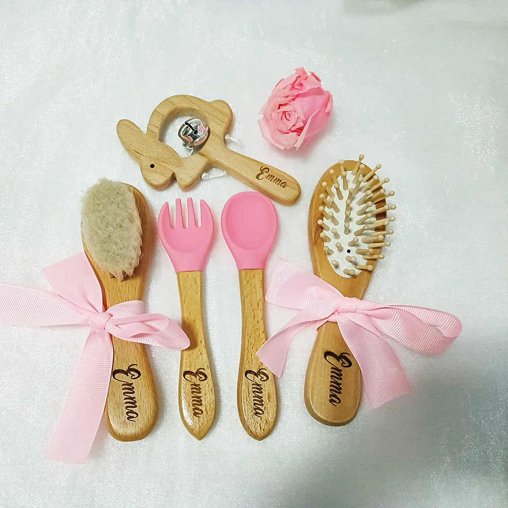 Wooden Rattle with Personalized Name for Baby, Silicone Spoon and Fork Set, Sensory Toy, Newborn Hair Brush, Kids Gift