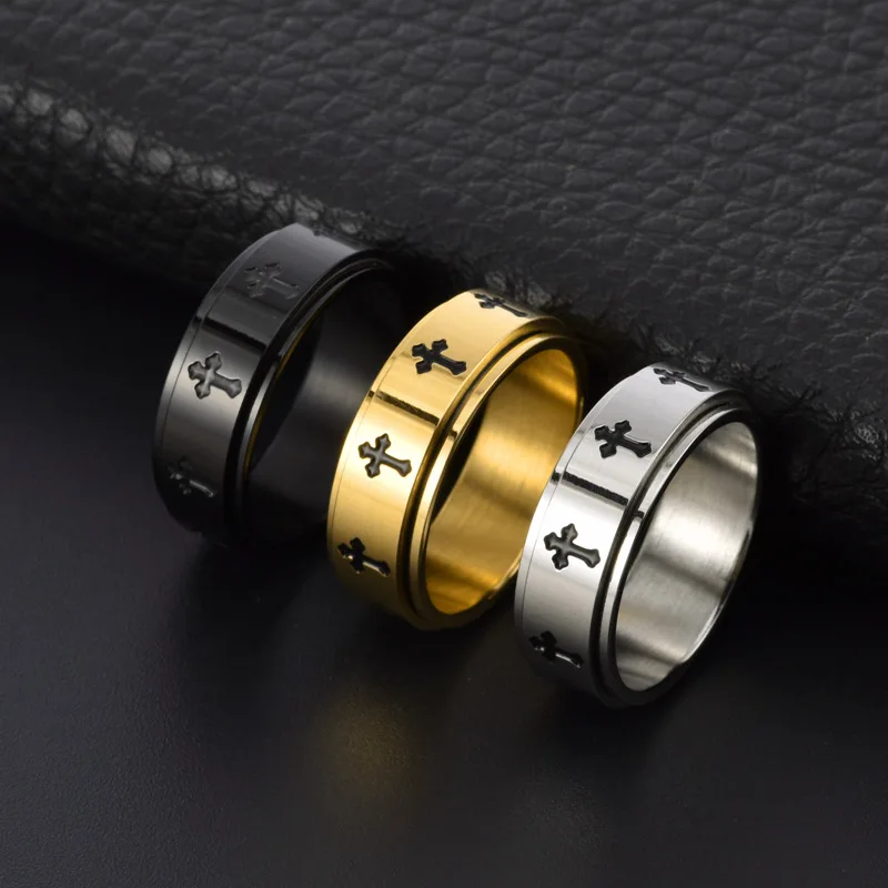 Black/Sliver/Gold Color Stainless Steel Cross Rotatable Spinner Rings Men Women Anxiety Fidget Ring Worry & Stress Relief