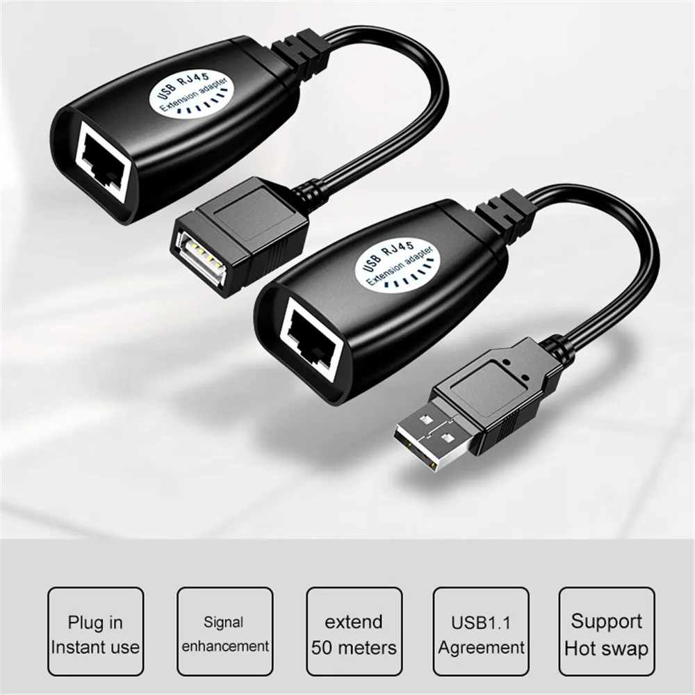 확장 어댑터 1 쌍 USB to RJ45 LAN 케이블 연장기 Cat5 RJ45 Cat6 패치 코드 검정색 네트워킹 액세서리