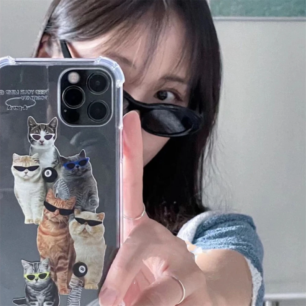 Корейский крутой чехол с солнцезащитными очками и котом для телефона IPhone 15 14 13 12 11 Pro Max X XS XR 7 8 SE, прозрачный мягкий чехол в стиле INS, милый панк Y2K