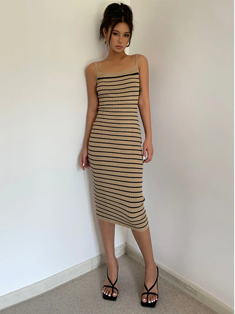 

WOMENGAGA Dress Tops Women Fashion Pit Stripe Stripe Knitted Dress Elegant Long Dress Women's Elastic Slim Holiday 6WHU