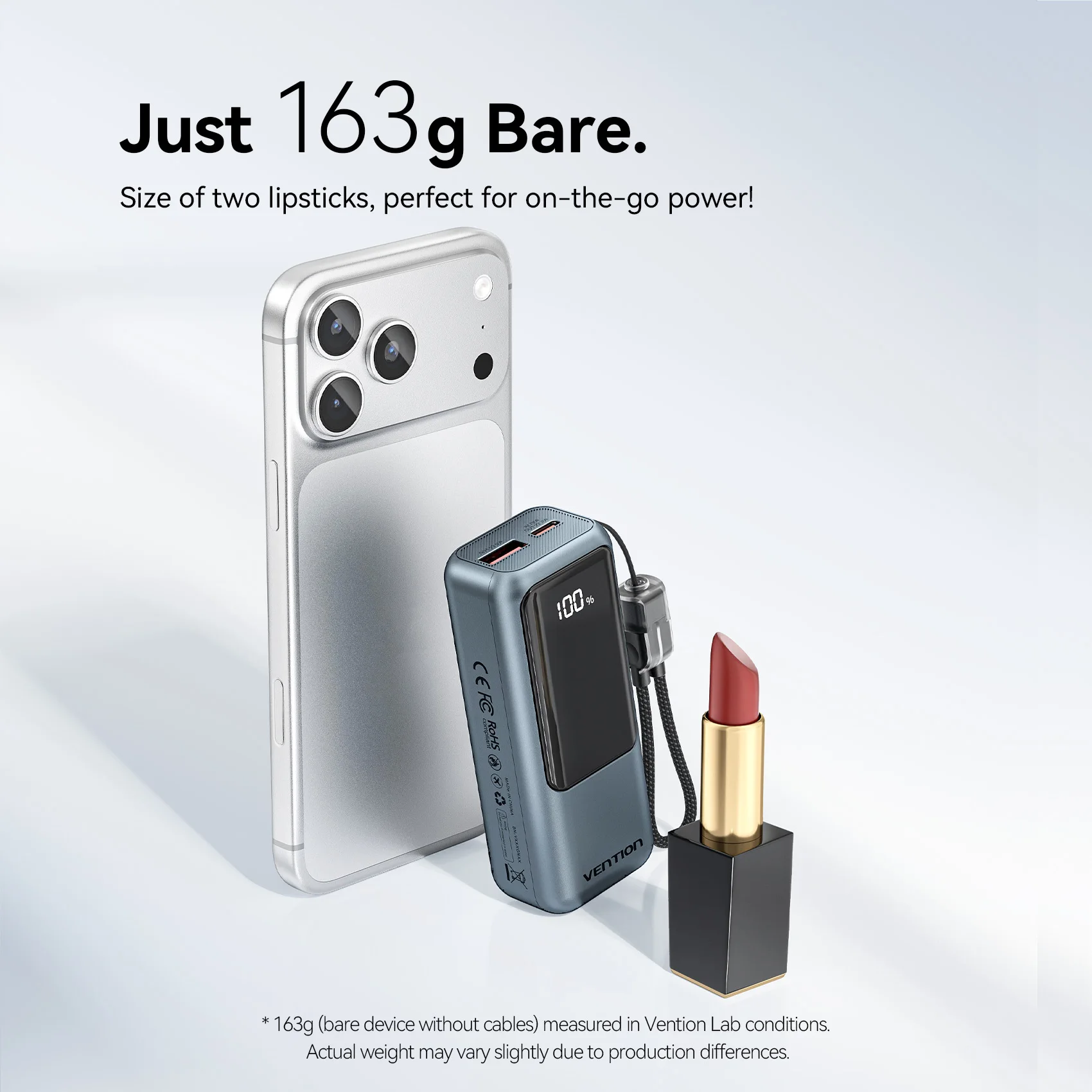 סוללת גיבוי ניידת Vention 10000mAh 22.5w עם כבל USB C מובנה, טעינה מהירה PD 3.0 לאייפון 17, סמסונג S25, S24