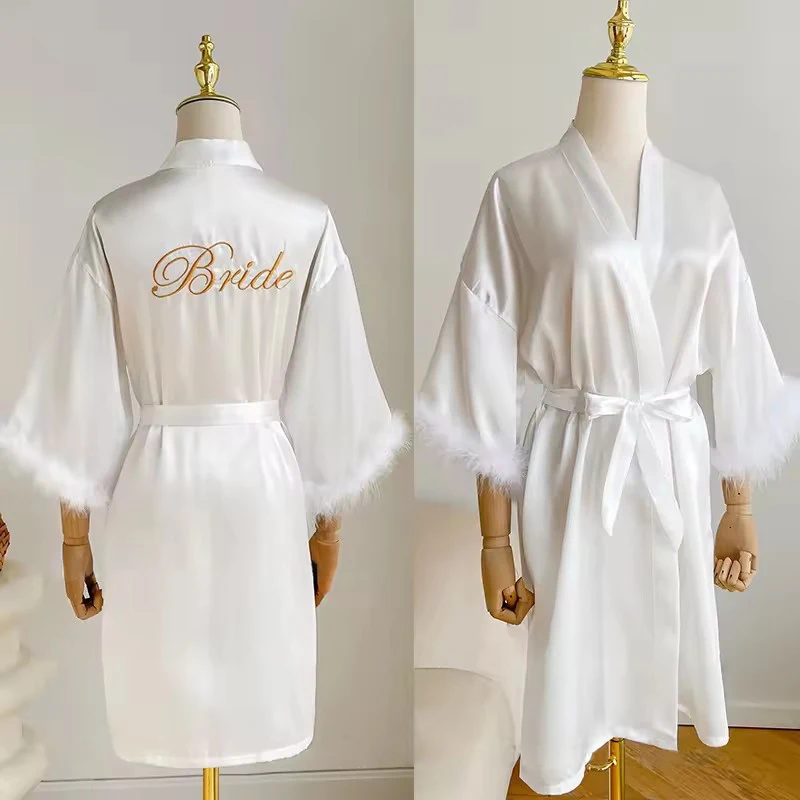 White Bride Wedding Robe with Feathers Women Satin Peignoir Sexy Bridesmids Kimono Gowns Short Bathrobe Bridal Intimate Lingerie