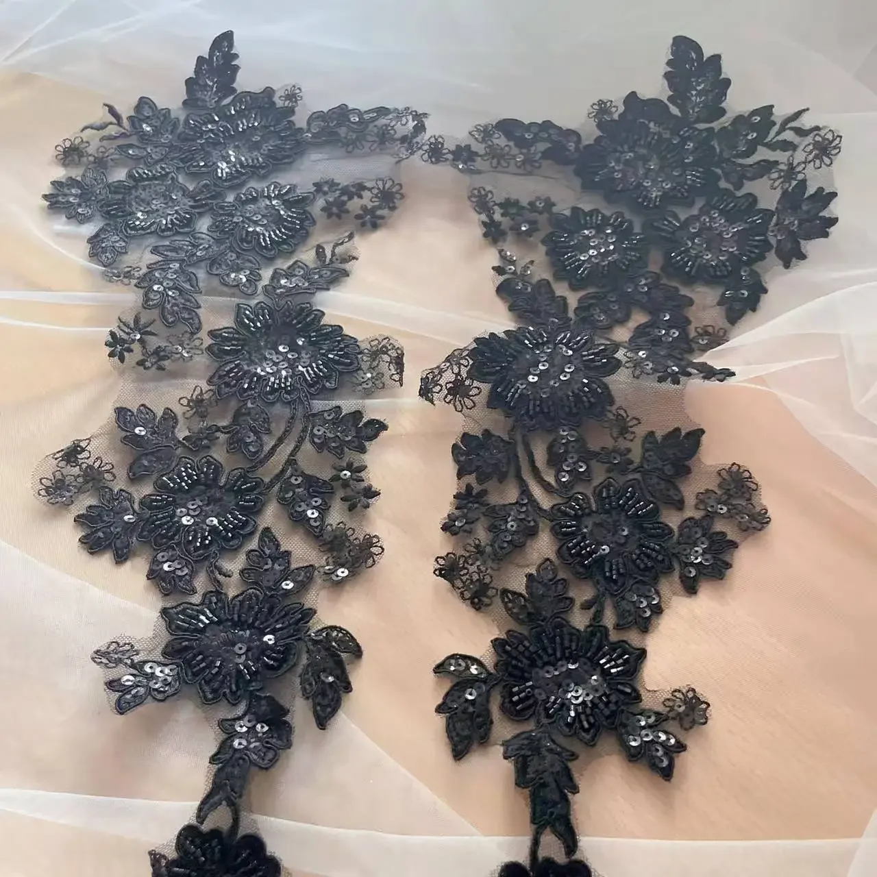 48.5*19cm 블랙 레이온 비즈 장식 스팽글 꽃 자수 레이스 미러 아플리케 패치, DIY 웨딩 드레스 액세서리, 재봉