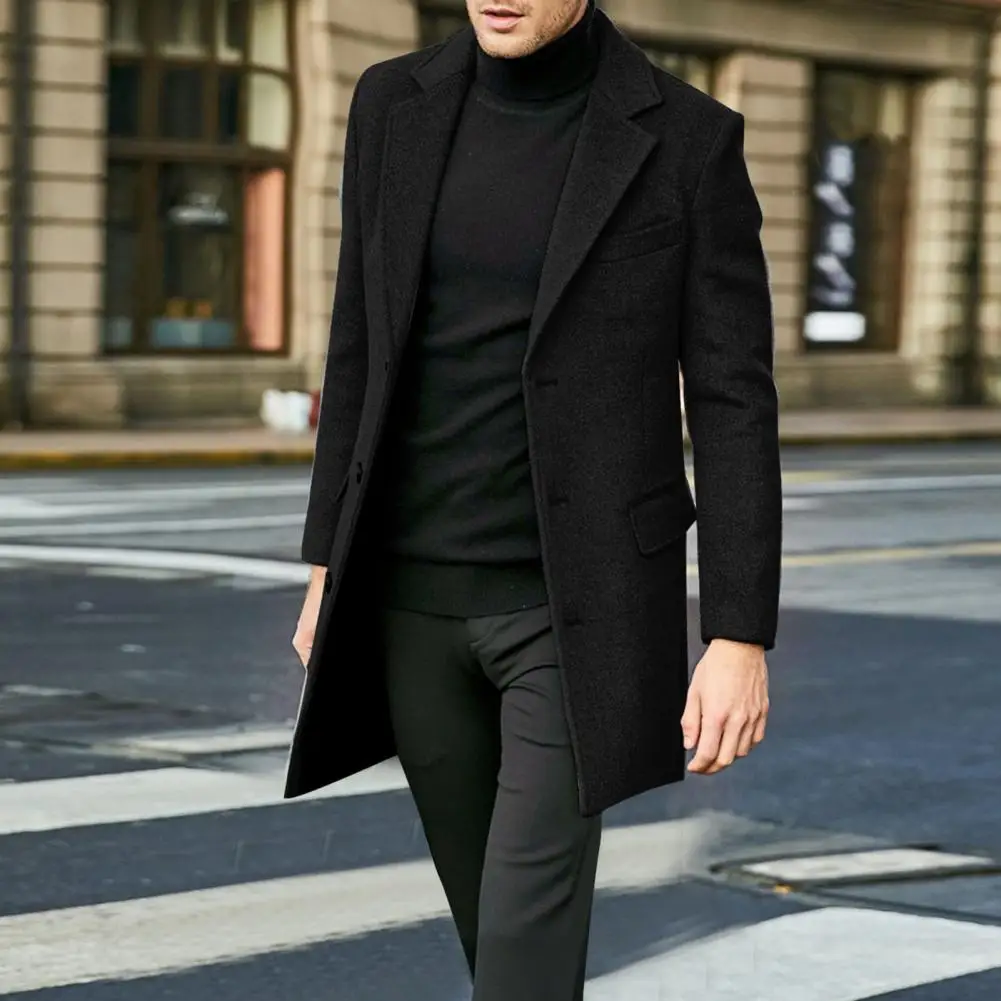 Wool Overcoat Flap Pocket Jacket Mid-length Warm Overcoat For Men Lapel Flap Pockets Solid Color Single-breasted Suit For Winter