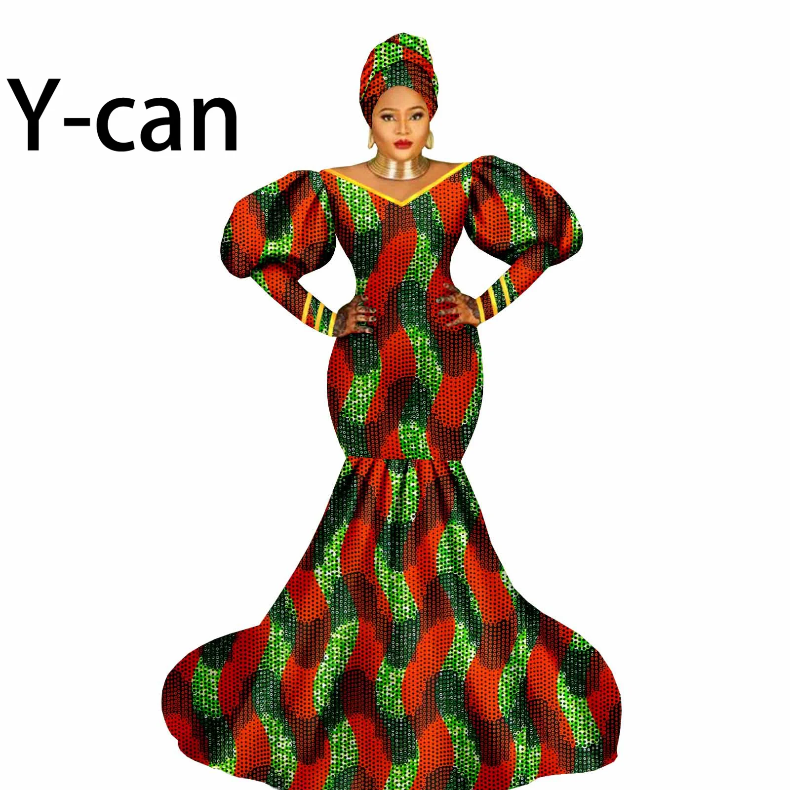 

Dashik African Elegant Party Dresses for Women 2024 V-neck Mermaid Long Dress with Headwrap Ankara Print African Dresses 2425075