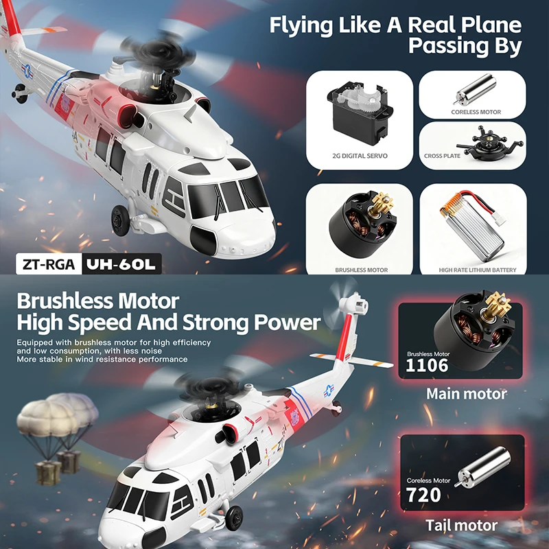 Hélicoptère RC WLtoys XK K170 UH-60L en vol, avec le paysage en arrière-plan, démontrant sa stabilité.