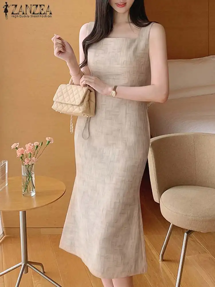 

ZANZEA Women Elegant Casual Slim Dresses Mermaid Long Dress Fashion Sleeveless Square Neck Evening Dress Wedding Robes Vestidos