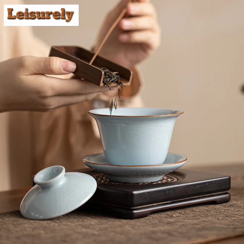 160ml Handamde Ru Kiln Ceramic Gaiwan Can Nourish Gold Wire Vintage Tea Tureen Household Tea Making Cover Bowl Tea Items Craft
