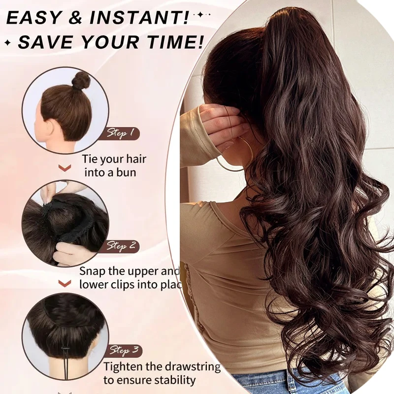 22Inch Synthetic Long Elegant Wavy Curly Layered Ponytail Extension Natural Look Easy Clip-In for Women