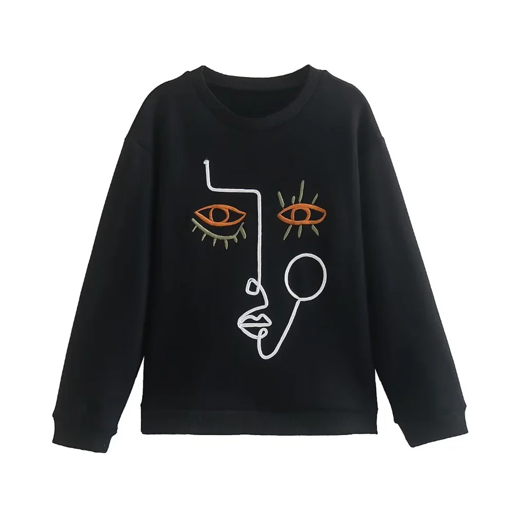 

Autumn new fashion versatile European and American style strip embroidery pattern pullover sweatshirt for women 0085883